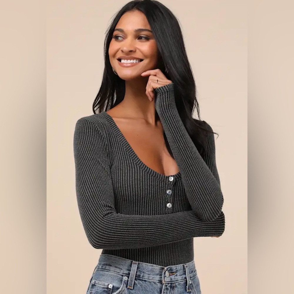 Lulus Pursuing Sweetness Charcoal Textured Ribbed Henley Bodysuit - medium